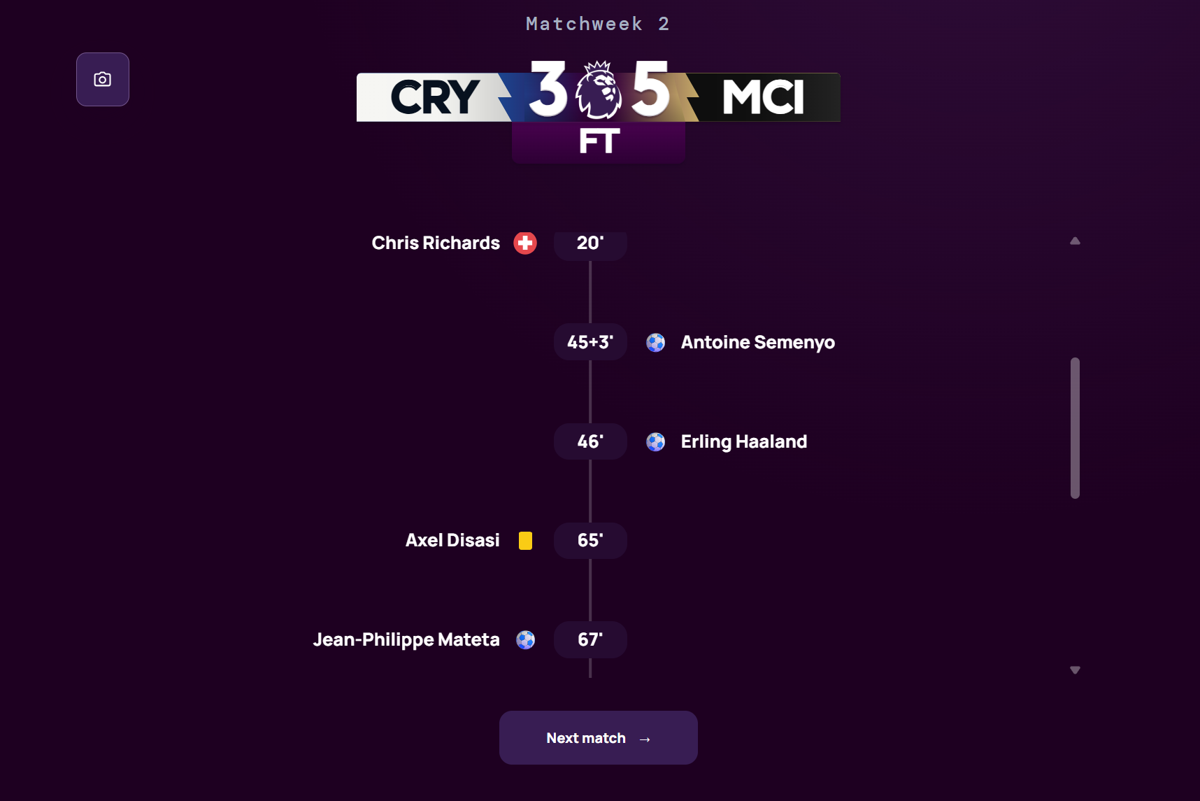 The revamped Premier League scoreboard and match timeline, showing Crystal Palace versus Manchester City.